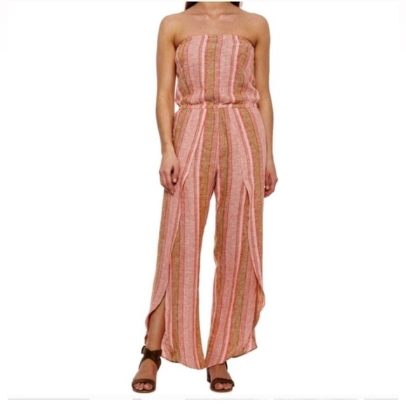 DREW Emerson Wide Split Leg Strapless Linen Blend Striped Romper Size Small - Picture 1 of 16